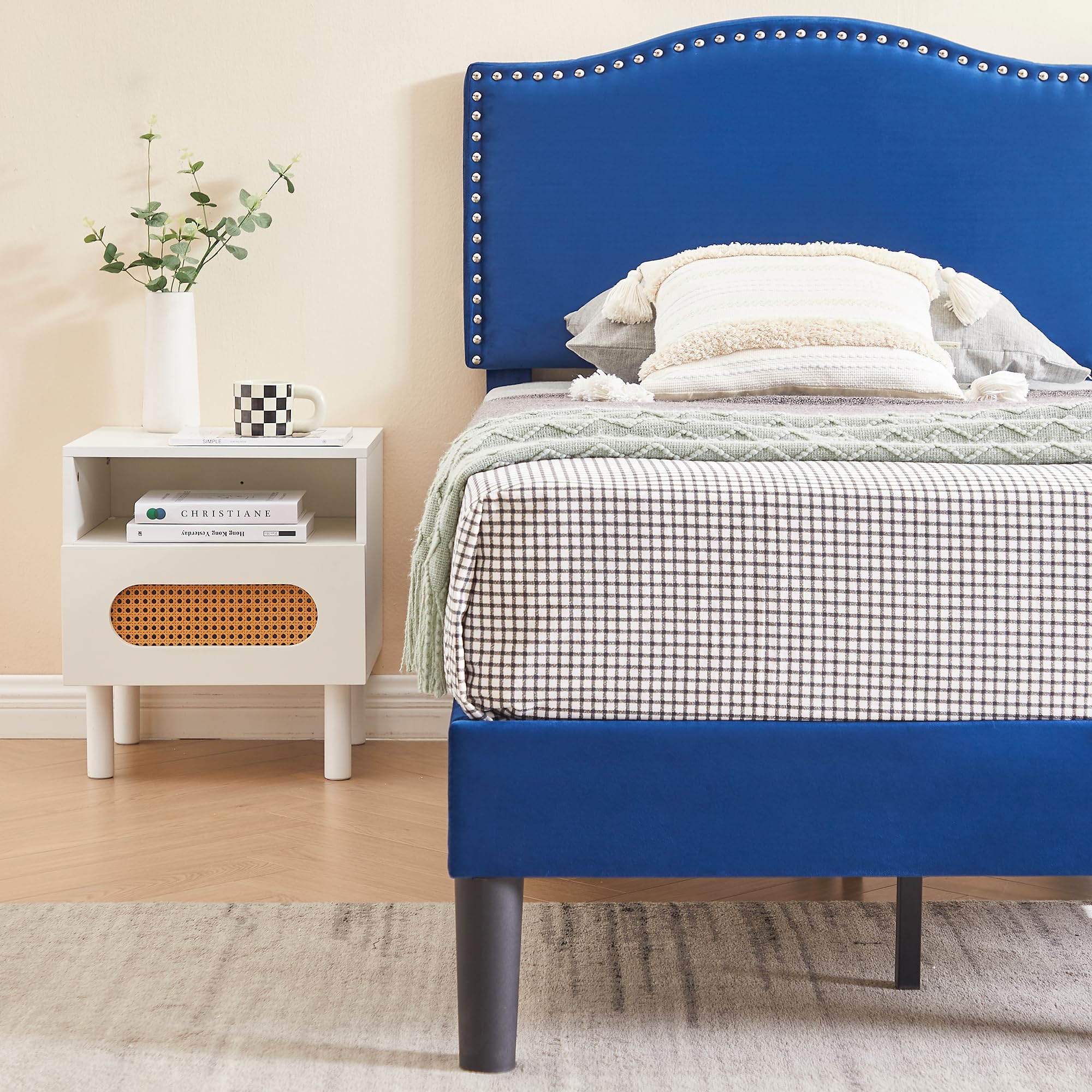 VECELO Twin Upholstered Platform Bed Frame for Kids,Girls,Boys,with Tufted Adjustable Headboard/Mattress Foundation/Wood Slat Support,Easy Assembly,Dark Blue