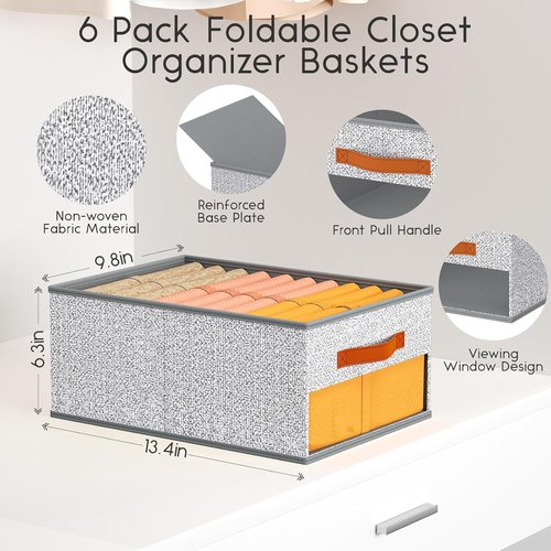 Homsorout Drawer Organizers - 6 Pack Foldable Pants Organizer with Clear Window & Handles | Light Gray Fabric Storage for Clothes, Jeans, Towels & More