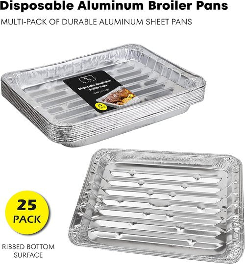 Aluminum Broiler Pans by [Brand Name] - Durable Disposable BBQ Grill Trays | Pack of 25 - 13.40" x 9" x 0.85"