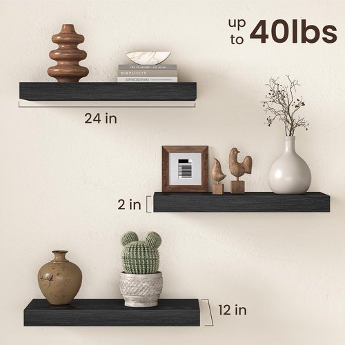 Fun Memories 12-Inch Deep Black Floating Shelf - Rustic Wood Wall Shelf for Storage & Display | 2-Pack