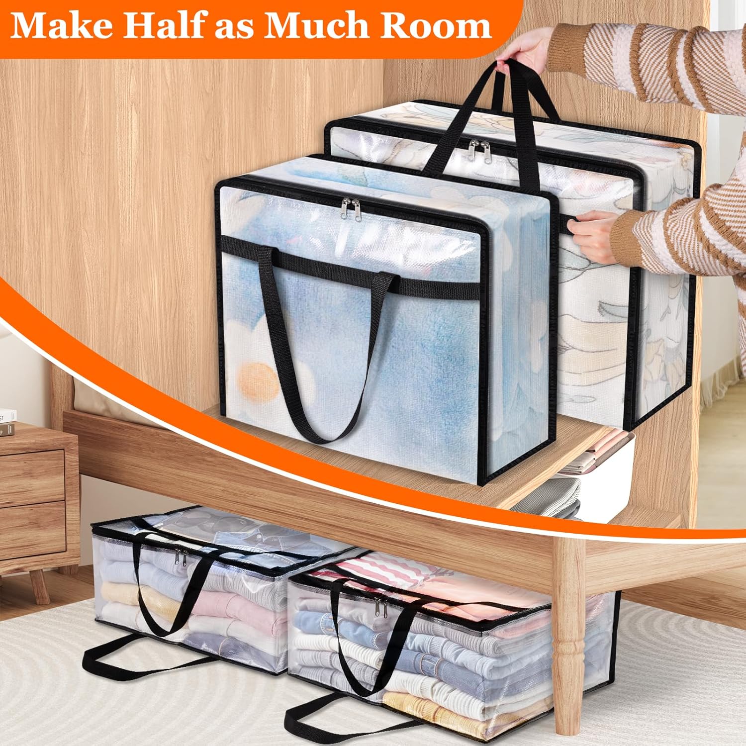 TasticTotes Clear Storage Bags - 6 Pack for Comforters, Clothes & Bedding - Zippered, 40L Capacity