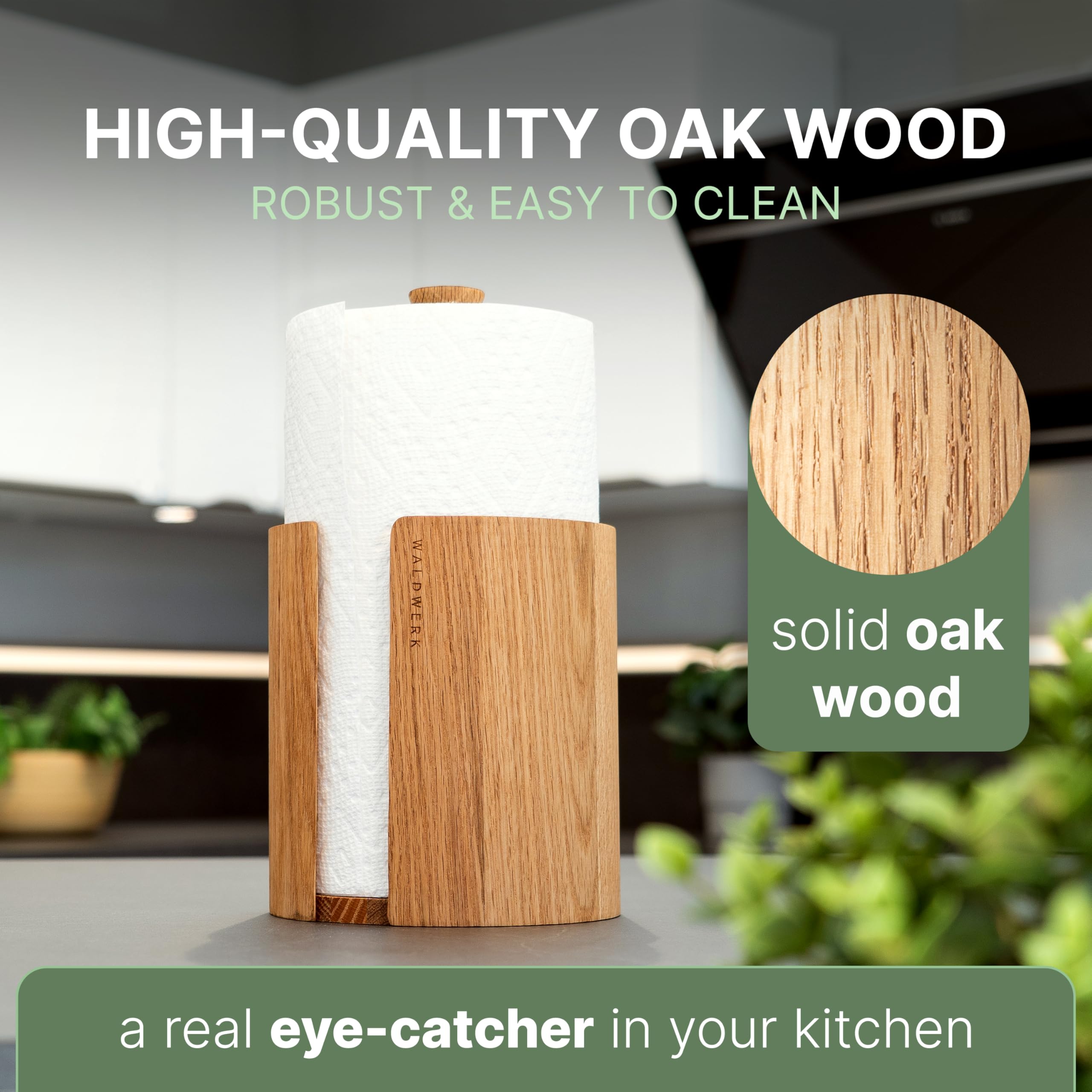 WALDWERK Design Paper Towel Holder Out of Oak Wood - Kitchen Towel Holder for All Standard Kitchen Rolls - Wooden Paper Towel Holder for Countertop - Papertowel Holder for Kitchen