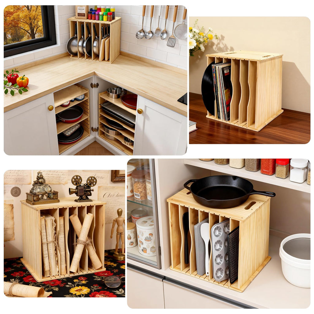 6 Tier Wooden Tray Dividers for Cabinets, Cookie Sheet Organizer 15.7" W x 16.5" H x 12.6" D Baking Sheets, Pans and Cutting Boards Organizer for Kitchen Cabinets or Countertop