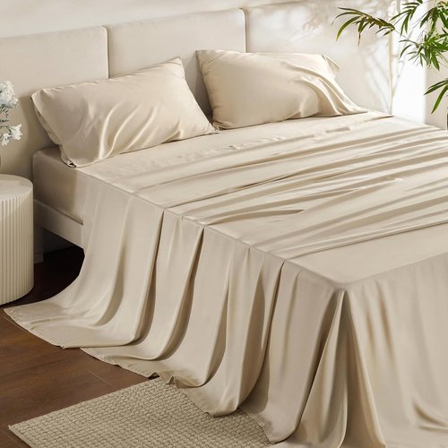 Bedsure Cooling California King Sheet Set - Breathable Rayon from Bamboo, Deep Pocket, Soft & Silky, Beige