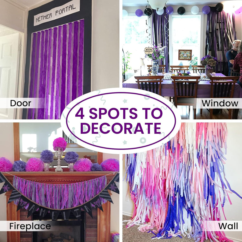 PartyWoo Purple Crepe Paper Streamers - 6pcs 492ft Light & Dark Purple, Lavender, White, Silver | Ideal for Birthday & Graduation Decorations