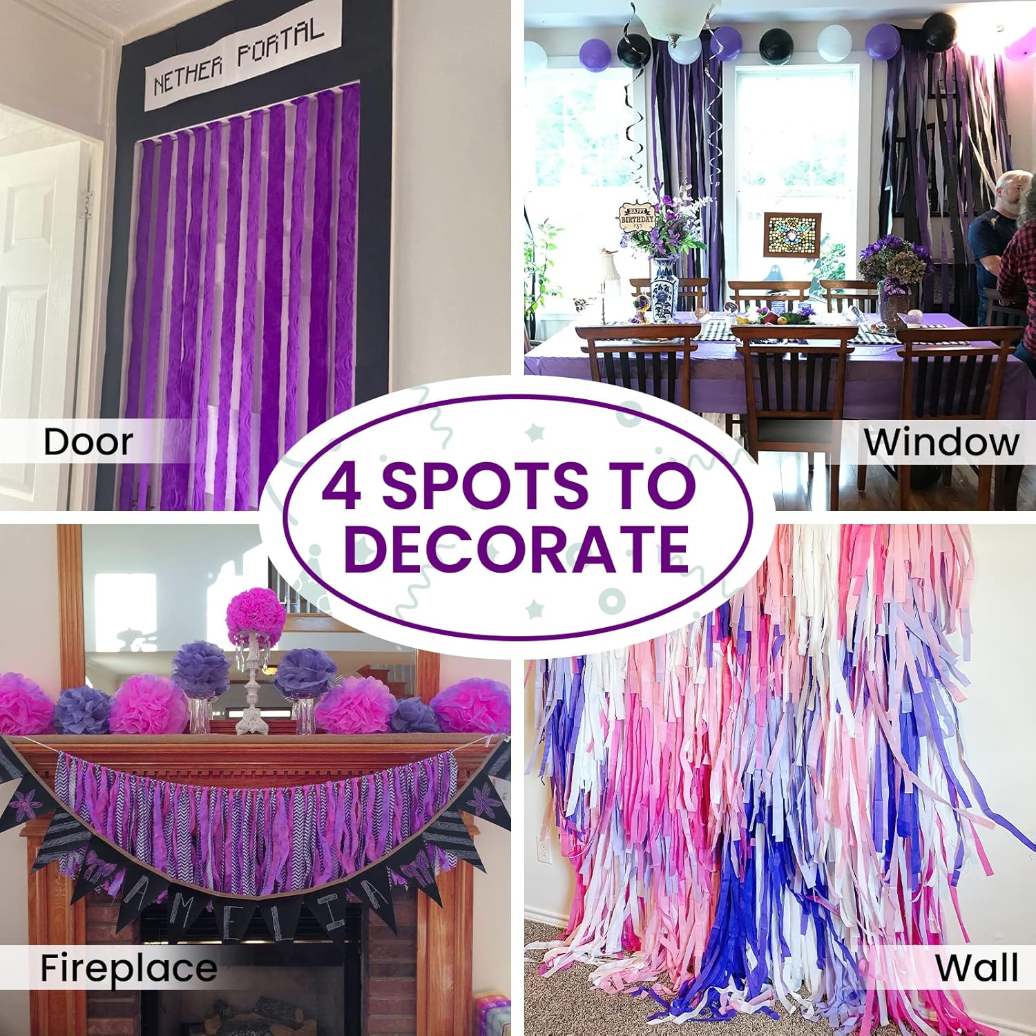 PartyWoo Purple Crepe Paper Streamers - 6pcs 492ft Light & Dark Purple, Lavender, White, Silver | Ideal for Birthday & Graduation Decorations
