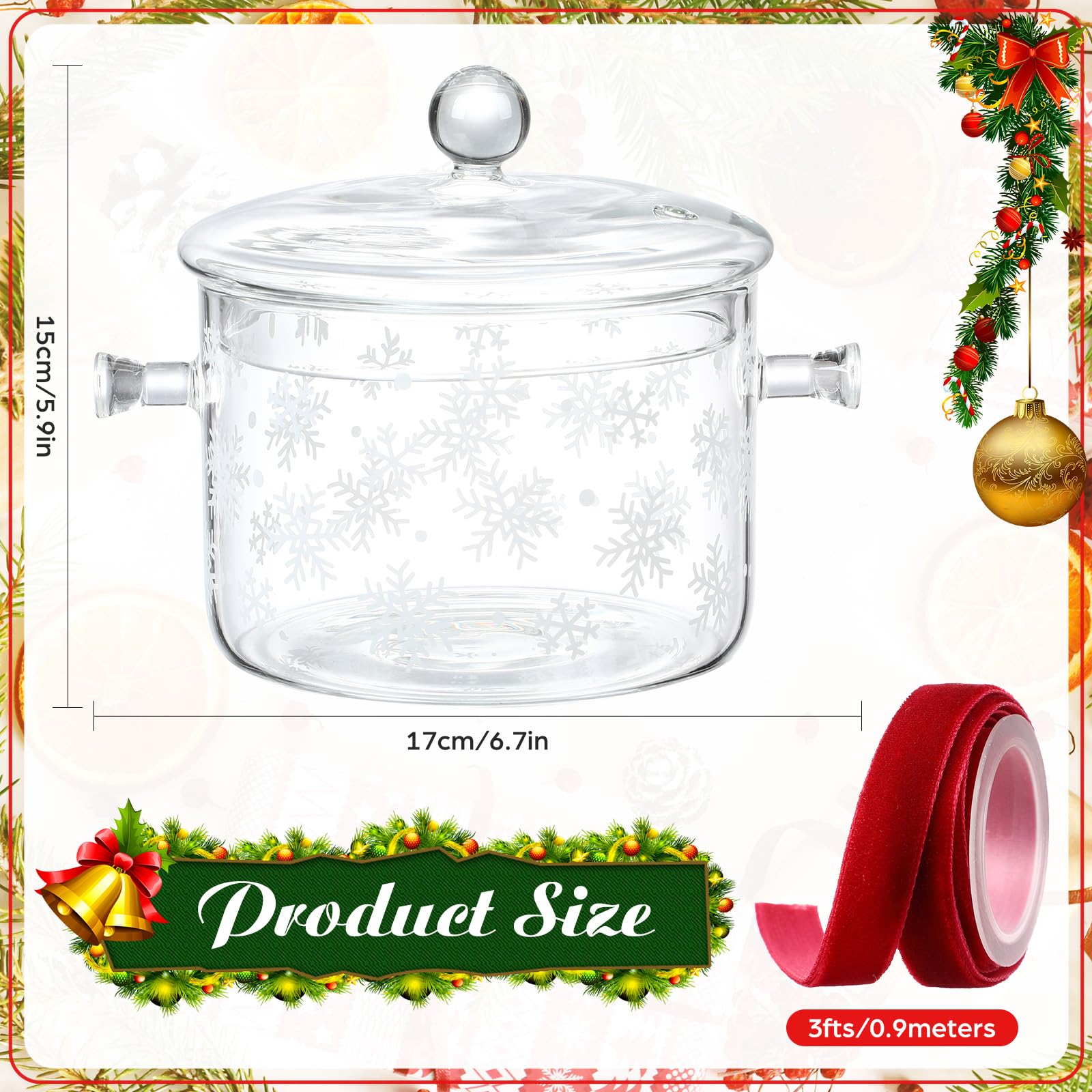 Potchen 2 Pack Christmas Simmer Pot Gift Glass Saucepan with Lid 51 oz Snowflake Holiday Pot for Cooking Mulled Wine, Hot Cocoa, Sauces Festive Stovetop Glass Cookware for Christmas Kitchen Gifting