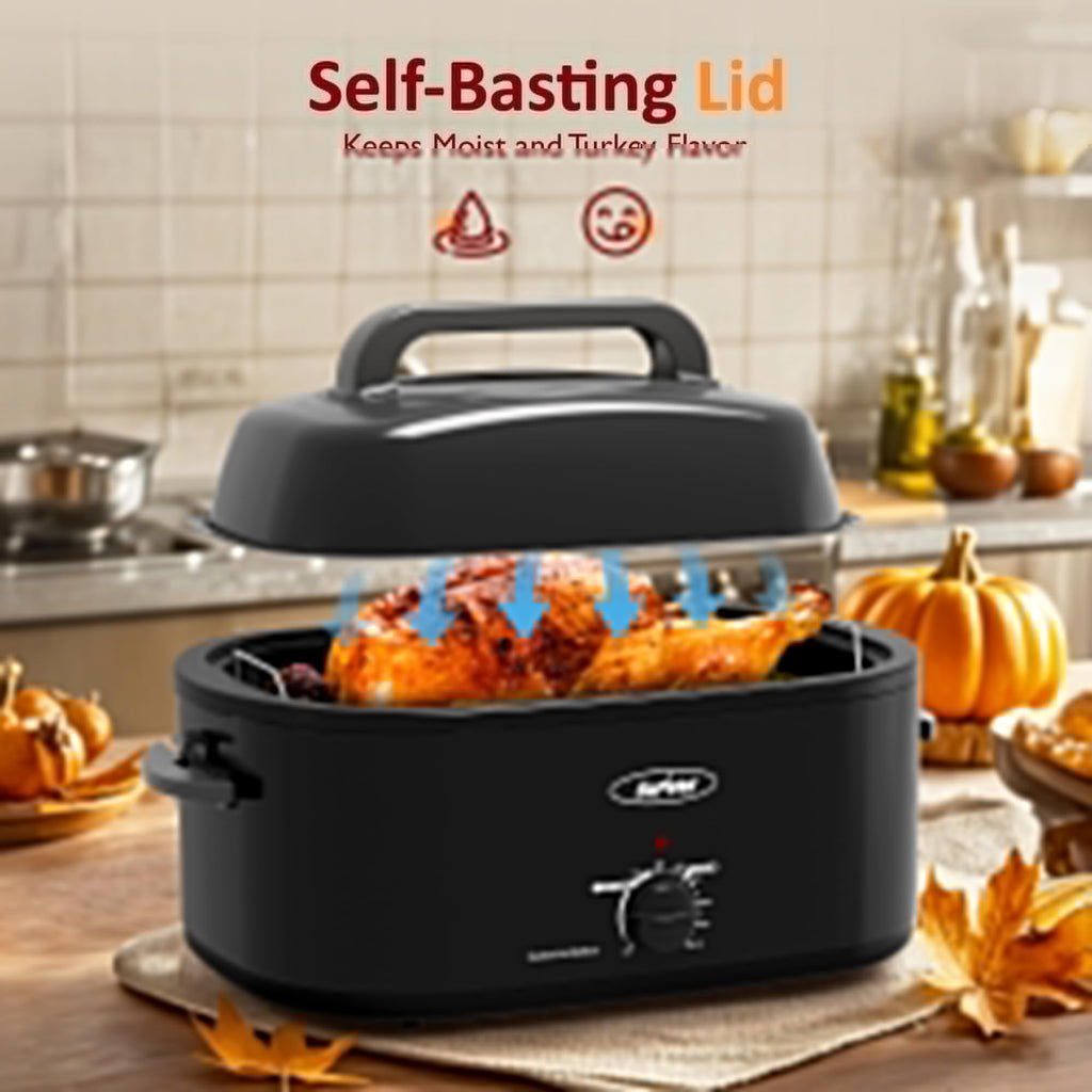 Sunvivi Electric Roaster Oven,28 Quart Roasting Oven with Self-Basting Lid Removable Pan,Turkey Roaster Oven with 150 to 450F Temperature Control Cool-Touch Handles, Black