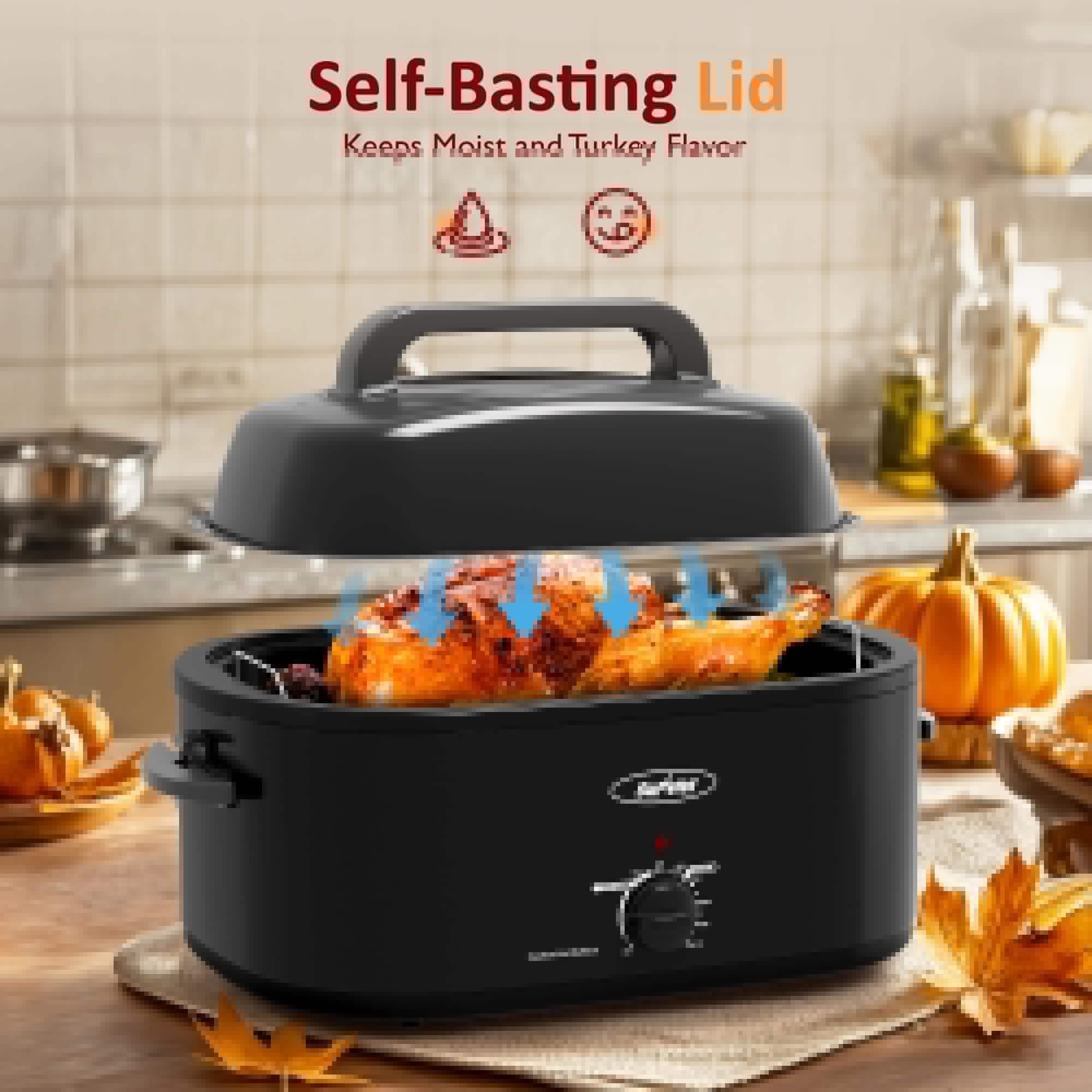 Sunvivi Electric Roaster Oven,28 Quart Roasting Oven with Self-Basting Lid Removable Pan,Turkey Roaster Oven with 150 to 450F Temperature Control Cool-Touch Handles, Black