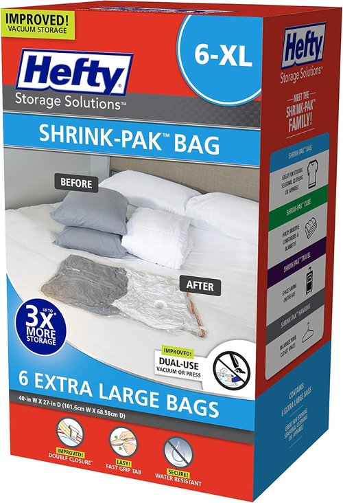 Hefty Shrink-Pak | Extra Large Vacuum Seal Storage Bags - Space Saver for Clothing & Blankets (6 Pack)