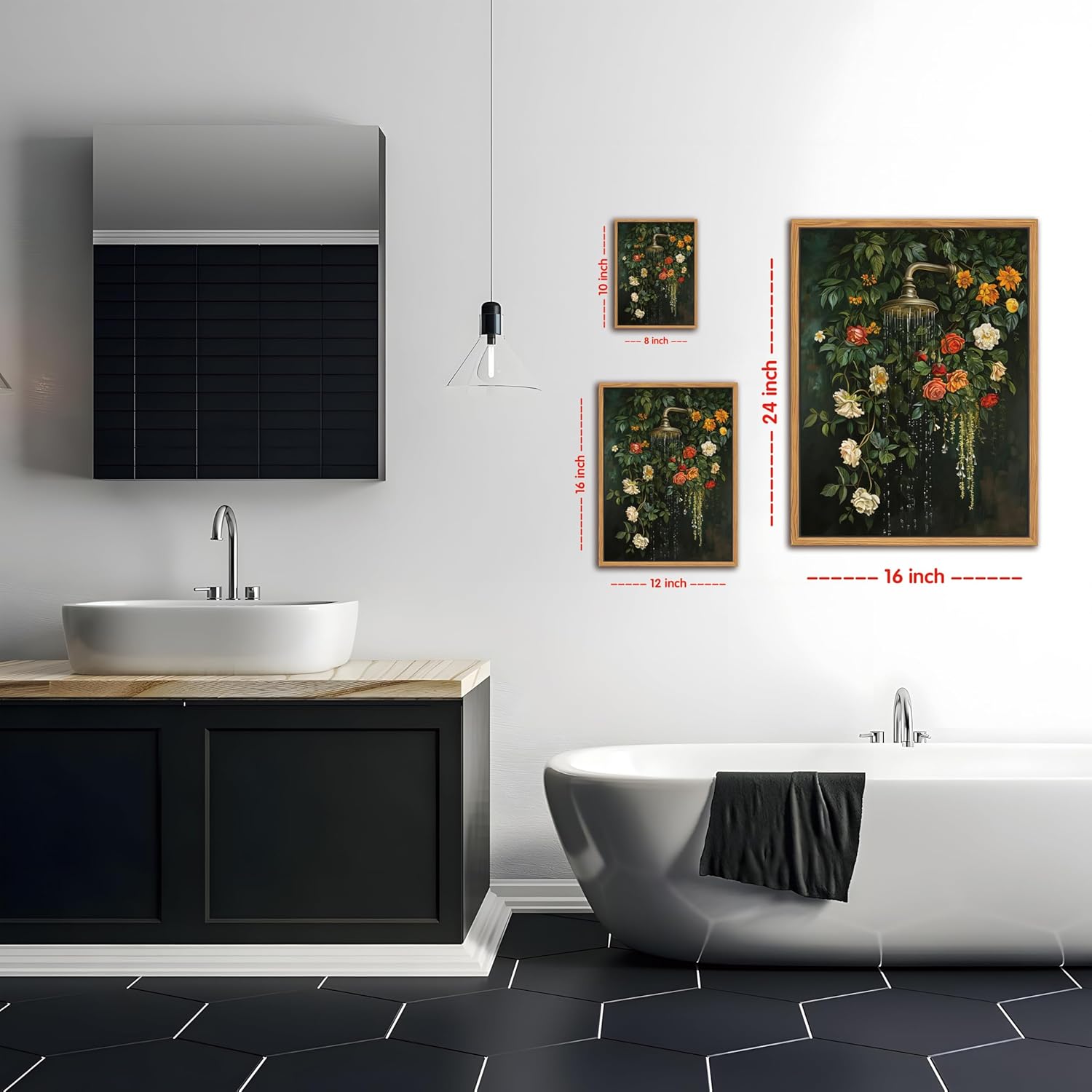 Skiennix Floating Framed Floral Shower Wall Art - Vintage Botanical Canvas Print | Romantic Garden Roses & Waterfall Painting | 12x16 Inch Nature-Inspired Bathroom Decor