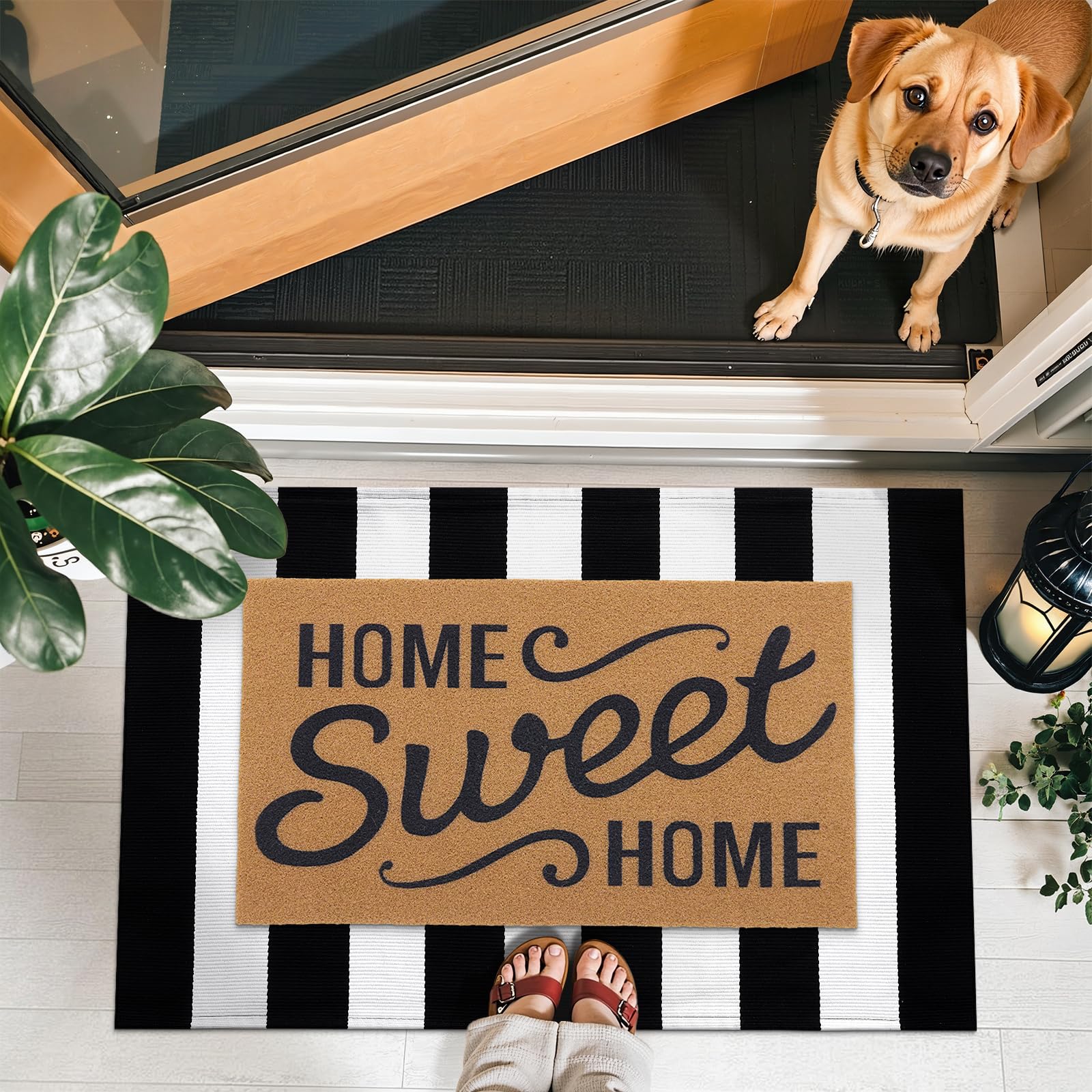 OLANLY Black and White Striped Rug 2'4" x 3'7" (27.5" x 43") – Washable Cotton Indoor Outdoor Doormat for Front Door, Entryway, Kitchen, Porch, Patio Decor