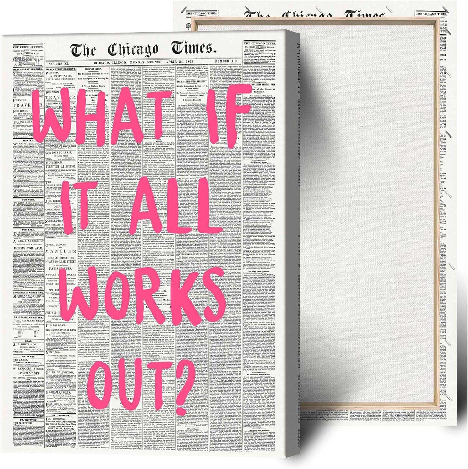 Retro Newspaper Poster by What If It All Works Out - Pink Font Canvas Wall Art | Positive Affirmation Decor 24x36in