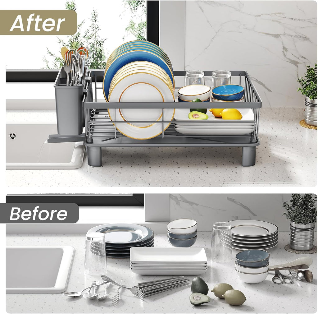 SNTD Dish Drying Rack - Stainless Steel Kitchen Counter Drainer with Utensil Holder | 11" W x 15" L (Grey)