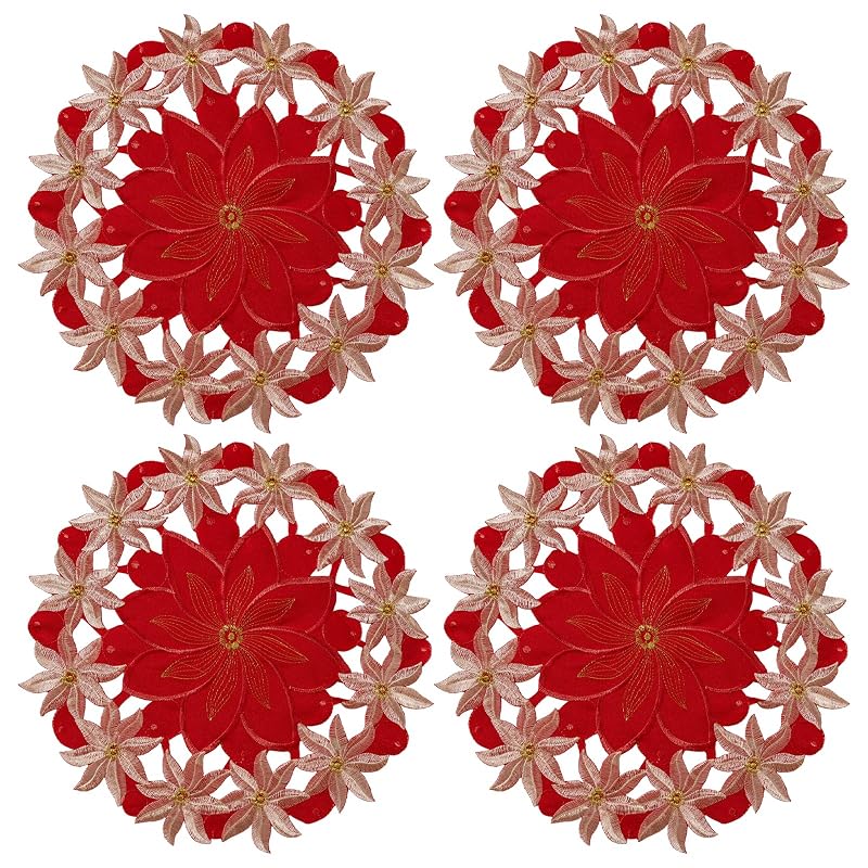 Red Christmas Placemats Set of 4 with Poinsettia Embroidery - 14inch Round, Gold Trim