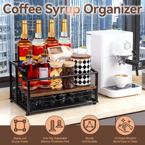 kimilus Coffee Syrup Rack Organizer, 3-Tier 8 Bottle Syrup Rack with 35 K Cup Drawer for Coffee Bar, Countertop Bottle Holder Stand for Dressing for Kitchen Cafe Station