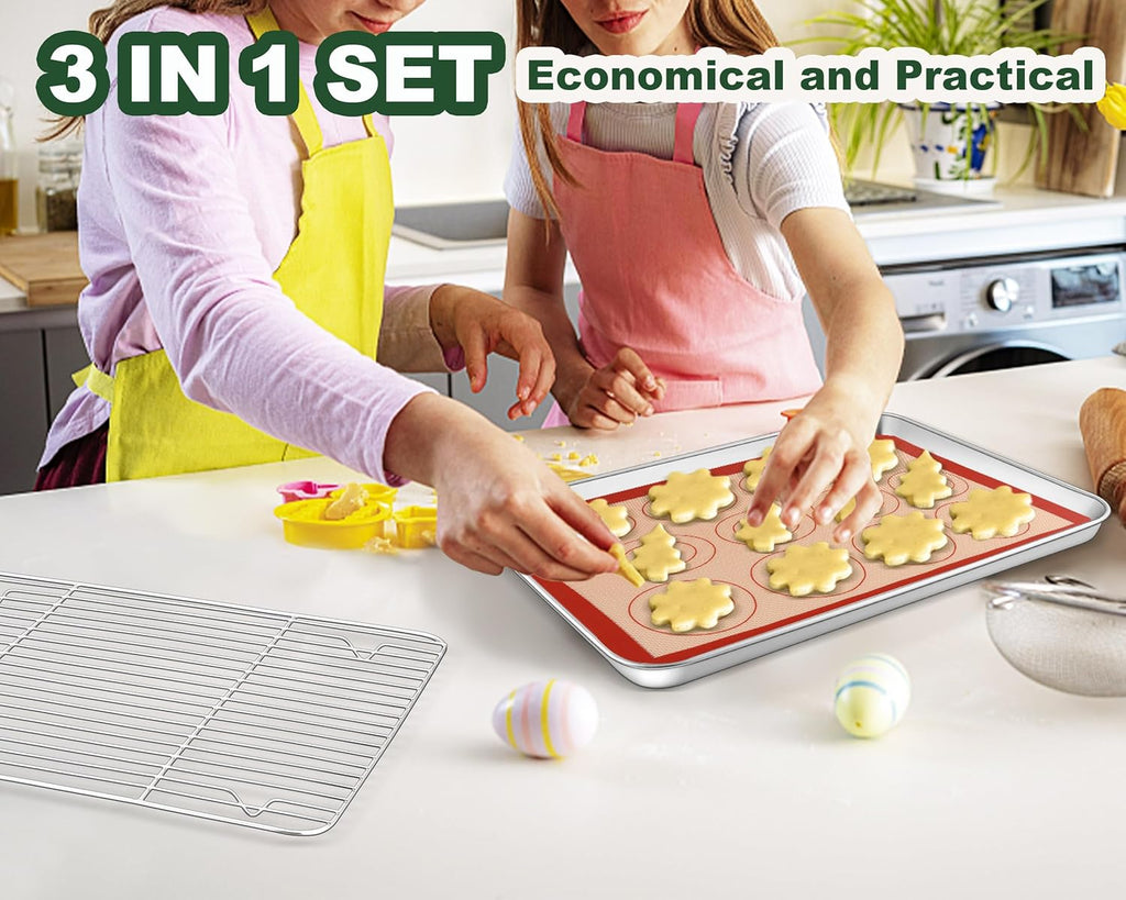 TeamFar Stainless Steel Baking Sheet Set - 16” x 12” Baking Pan with Cooling Rack & Silicone Mat | Oven & Dishwasher Safe