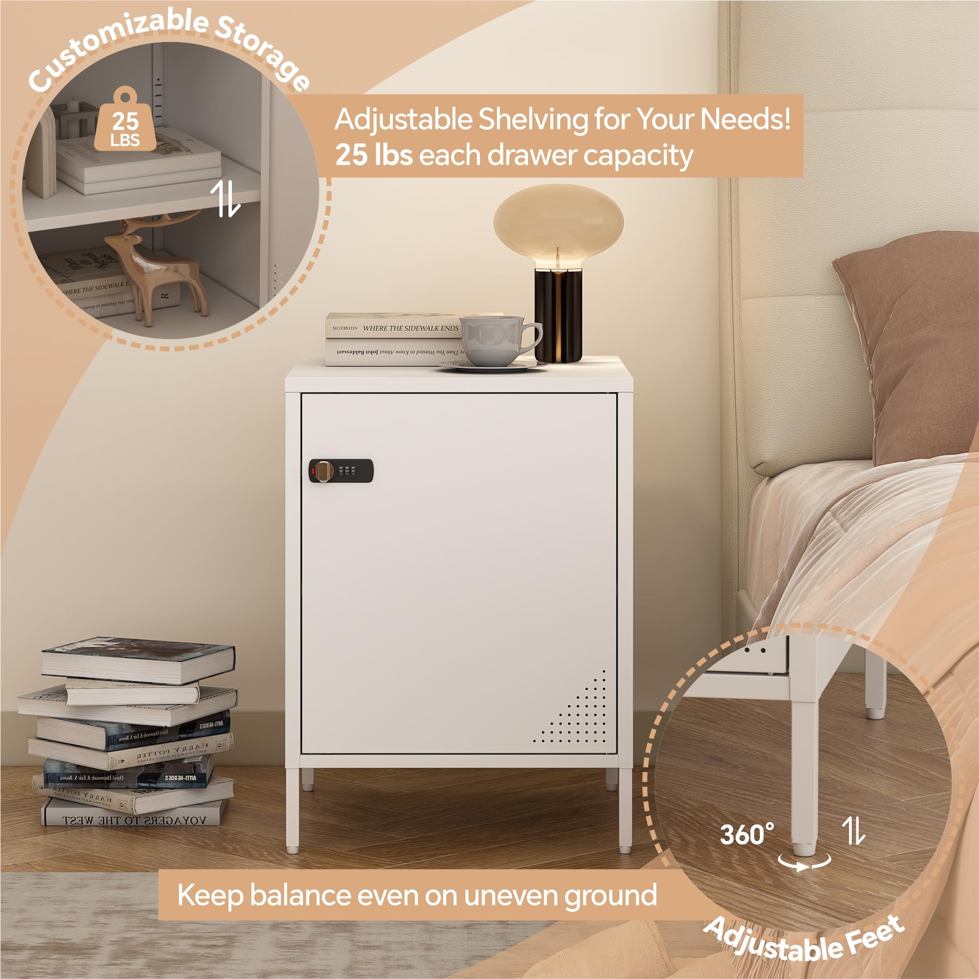 Steehoom Metal Locker End Table Single Door Nightstand Lockable Bedside Table Storage Cabinet for Bedroom, Dorm, 21.26”H X 15.75”W X 15.75”D (1 Door, White)