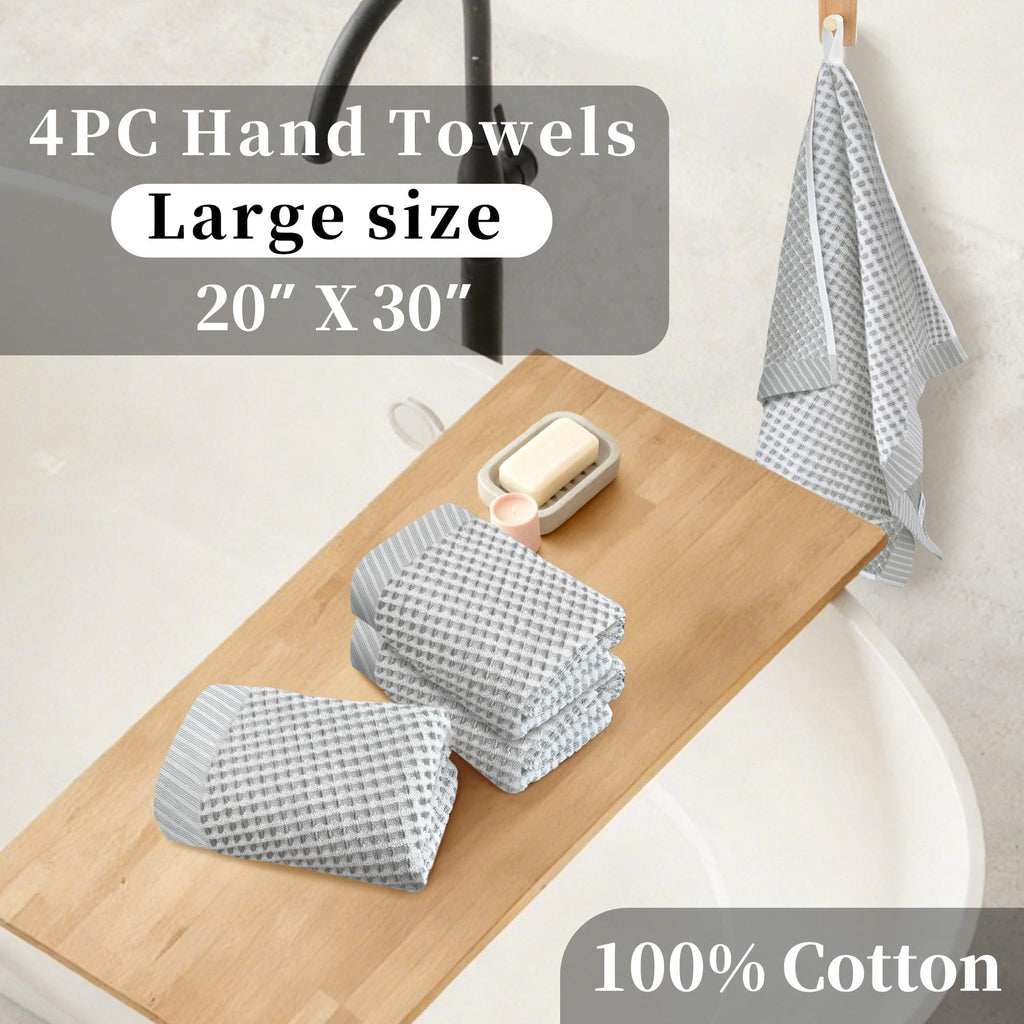 VOOVA & MOVAS 100% Cotton Waffle Large Hand Towels 4PC – Luxury Hand Towels with Hanging Loop 20"x30" | Soft | Absorb | Quick Dry | Lightweight, Durable Bathroom Essentials, White and Gray Waffle