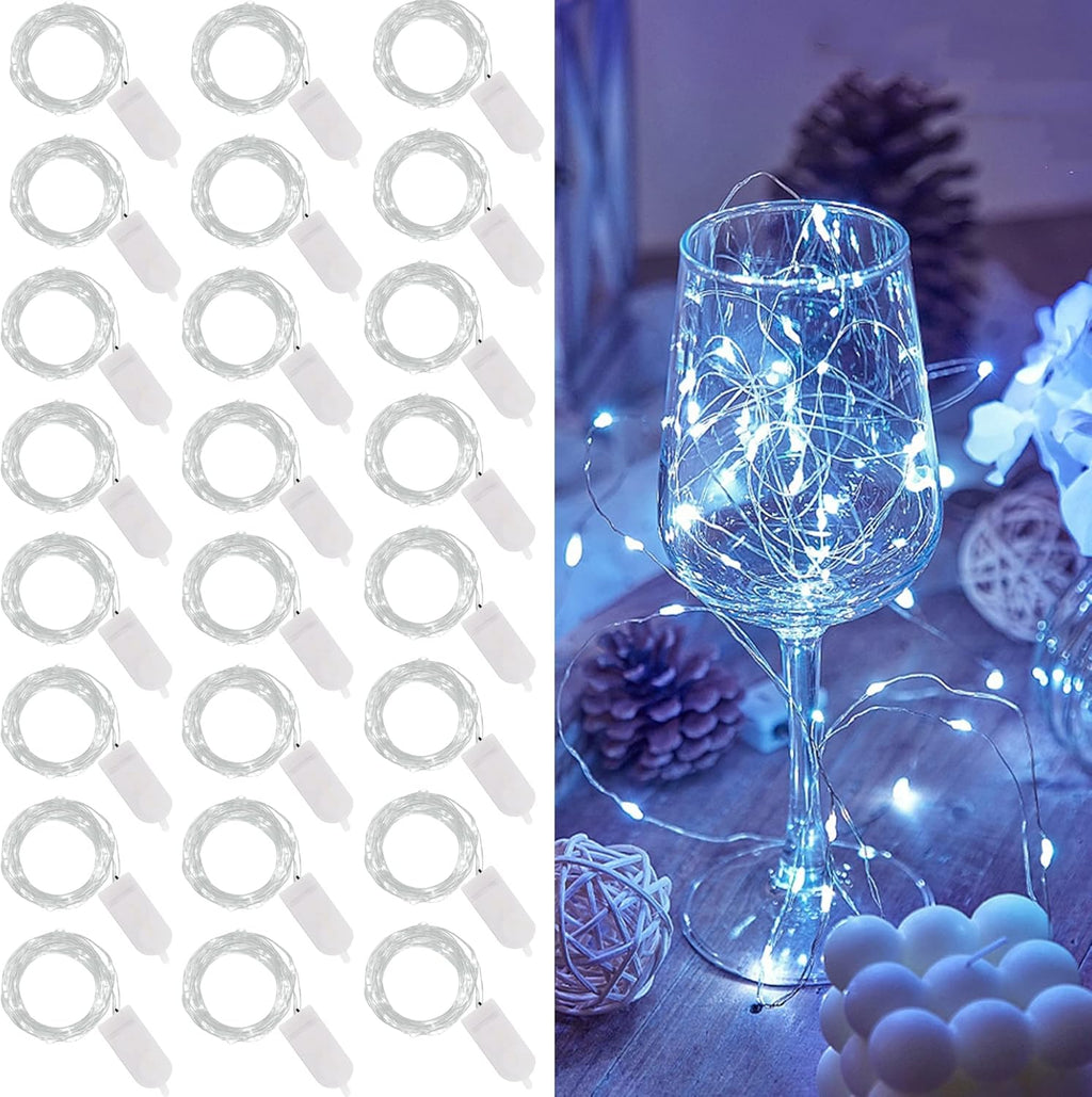 WATERGLIDE Mini String Lights - 24 Pack Battery Operated 7 ft Waterproof Silver Wire | Cool White LED Fairy Lights for Wedding & Party Decor