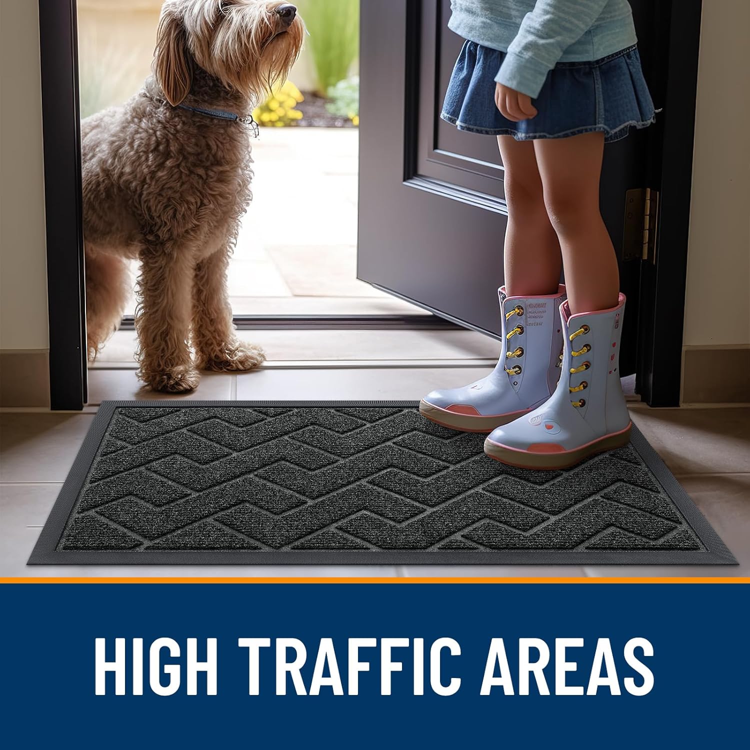 OLANLY Waterproof All-Season Front Door Mat - Sturdy Natural Rubber, Easy Clean Herringbone Design | Black, 59x23