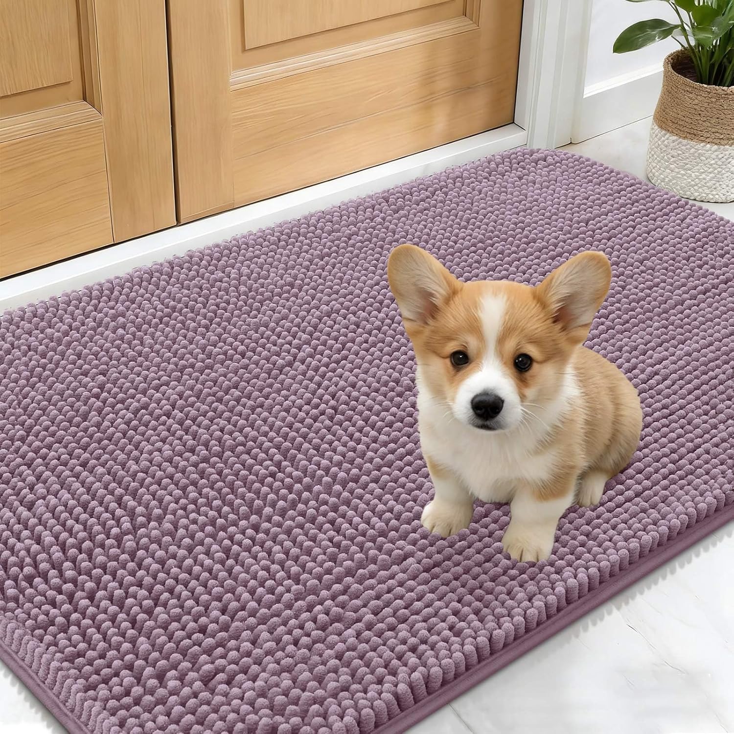 OLANLY Dog Door Mat - Absorbent Non-Slip Mud Mat for Dogs | Quick Dry Chenille, 30x17, Deep Plum