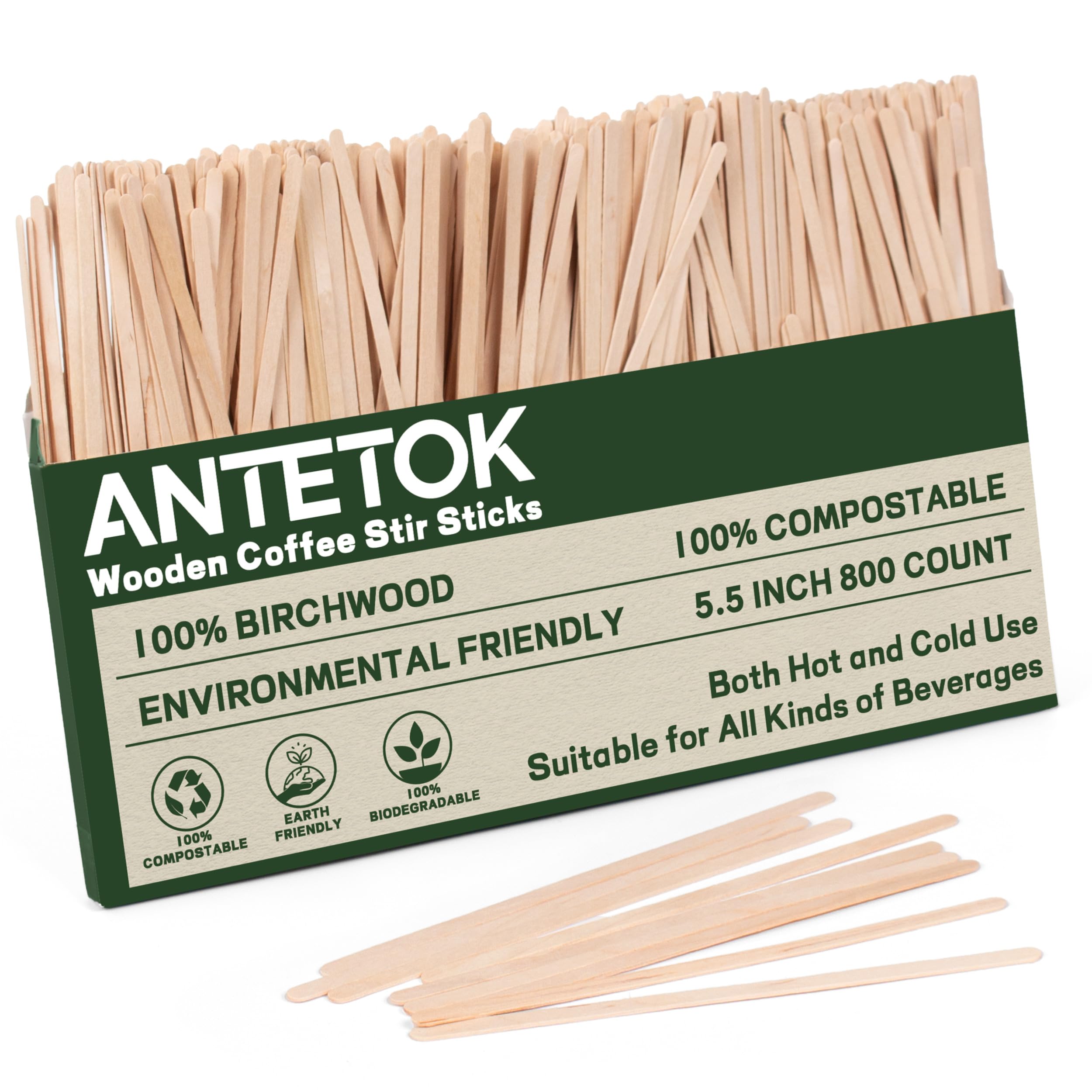 ANTETOK Wooden Coffee Stirrers - Coffee Stir Sticks 5.5 Inch,800pcs Disposable Swizzle Sticks,Swizzle Drink Sticks for Coffee,Tea,Cocktail and Hot Chocolate