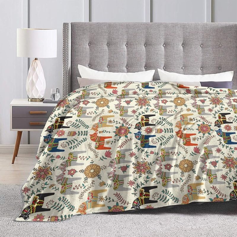 Horse Throw Blanket 80x60 Inches - Swedish Dala Horses Gift for Men Women Kids - Light Wool-Feel Flannel