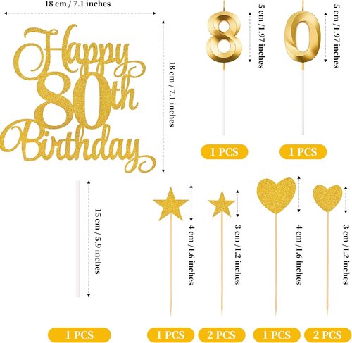 80th Birthday Cake Decorations Set - Glitter Happy 80th Birthday Toppers & Candles | Gold