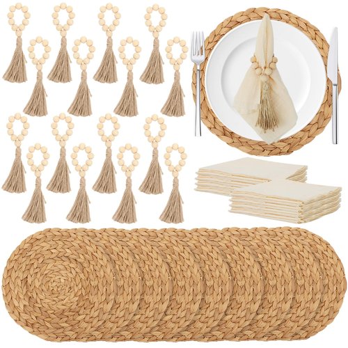 48 PCS Round Woven Placemats Set, 16 Boho Rattan Tablemats 13" Natural Water Hyacinth Farmhouse Place Mats with 16 Napkin, 16 Wooden Beads Napkin Ring for Kitchen Dining Table Decor Wedding Christmas