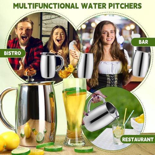 Funnymoom 3 Pcs 74oz Stainless Steel Water Pitchers with Ice Guard Smooth Silver Metal Bell Pitchers Jug Cold Beverages Carafe Serving Tool for Restaurants Home Dishwasher Safe