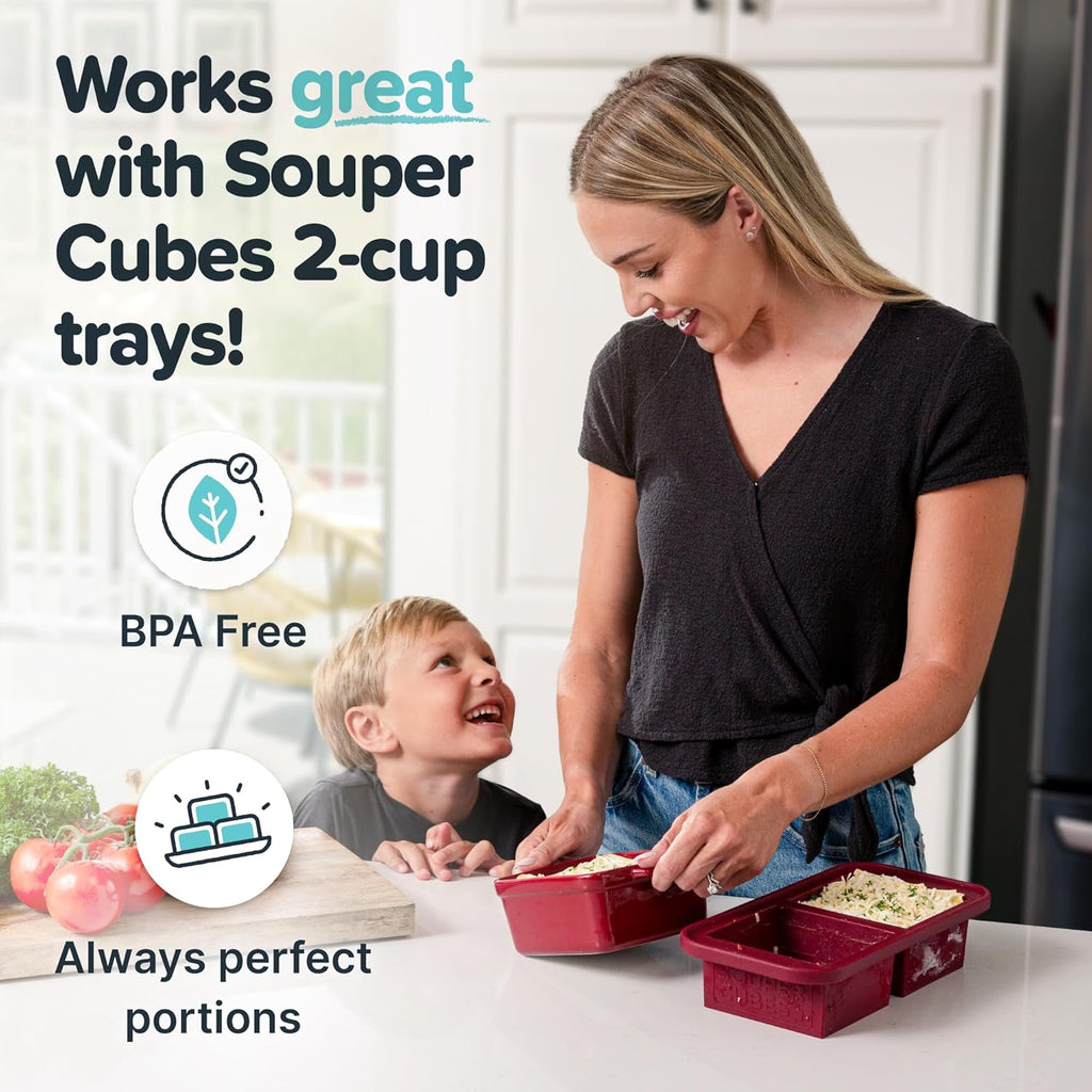 Souper Cubes Stoneware Baking Dishes - Premium 5" x 5" Mini Ceramic Set of 2 with Silicone Covers - Cranberry