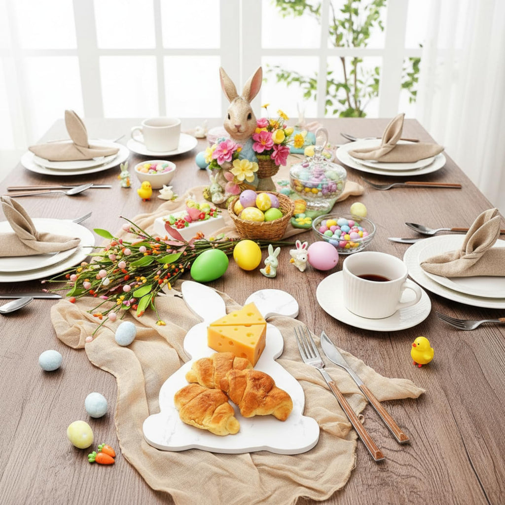 Reallnaive Easter White Bunny Cheese Board 11.8 x 7 Inch Charcuterie Cutting Board Large Decorative Stone Food Plate Tray for Easter Decoration Charcuterie Kitchen