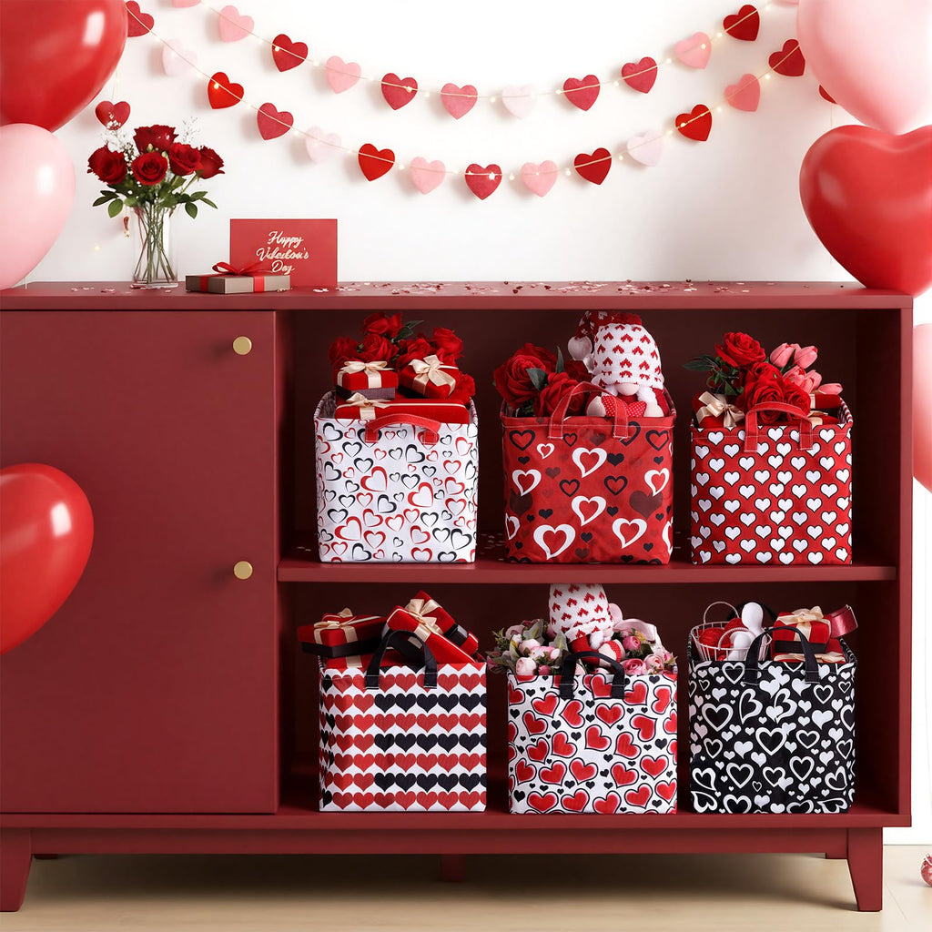 Youyole 6 Pcs Galentine's Day Gifts Basket Set Valentine's Day Storage Bins Red Heart Empty Gifts Basket Organizer with Love Pattern Valentine Decorative Container Box with Handle for Closet Shelf