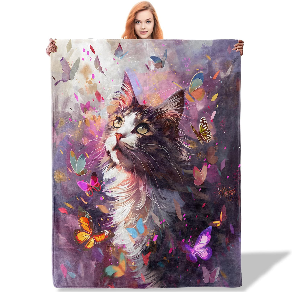 Plistiz Cat and Butterfly Throw Blanket, 50x60, Cute Cat Blankets for Bedroom Decor, Plush Flannel Polyester, Perfect for Kids and Adults