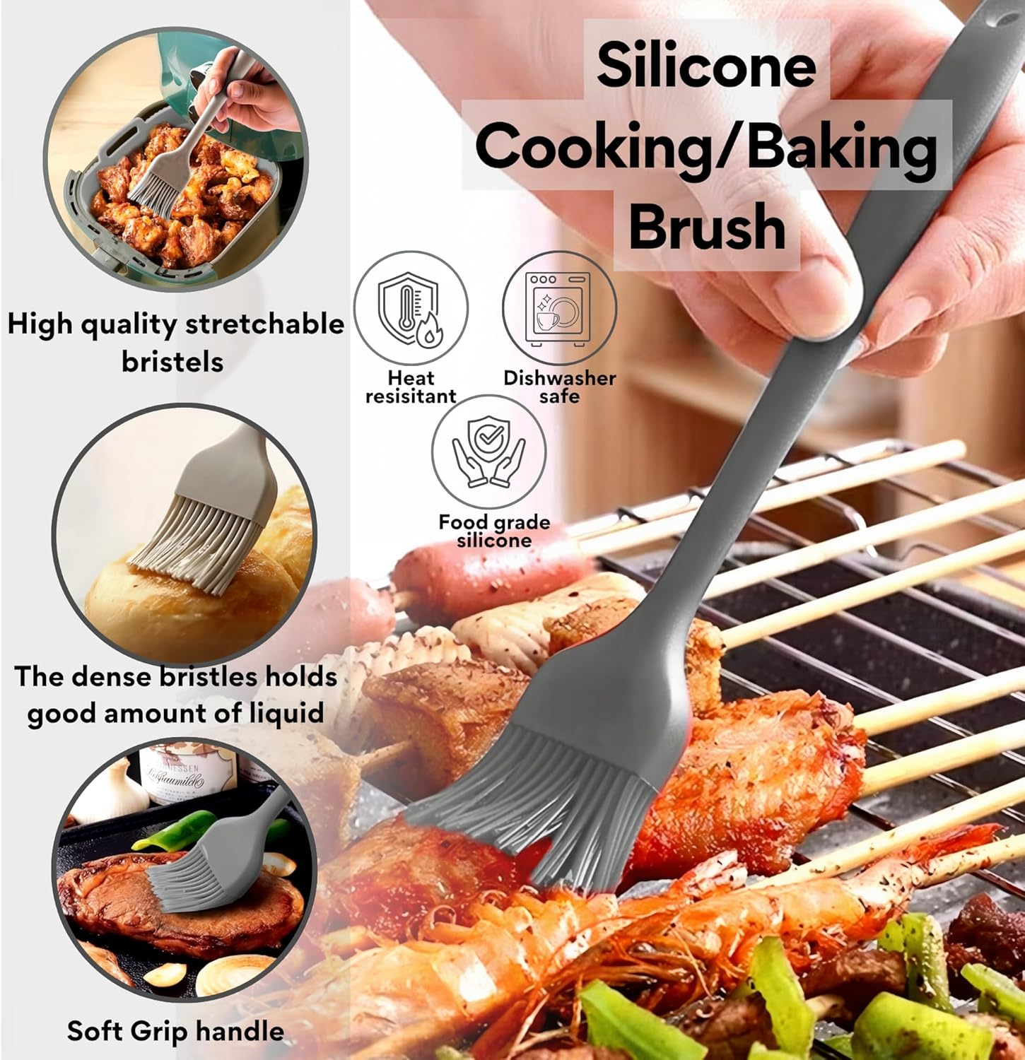 SAMIA 8 Inch Silicone Air Fryer Liners Set - 4 Piece Non-Stick, Dishwasher Safe Accessories with Basting Brush & Food Tong