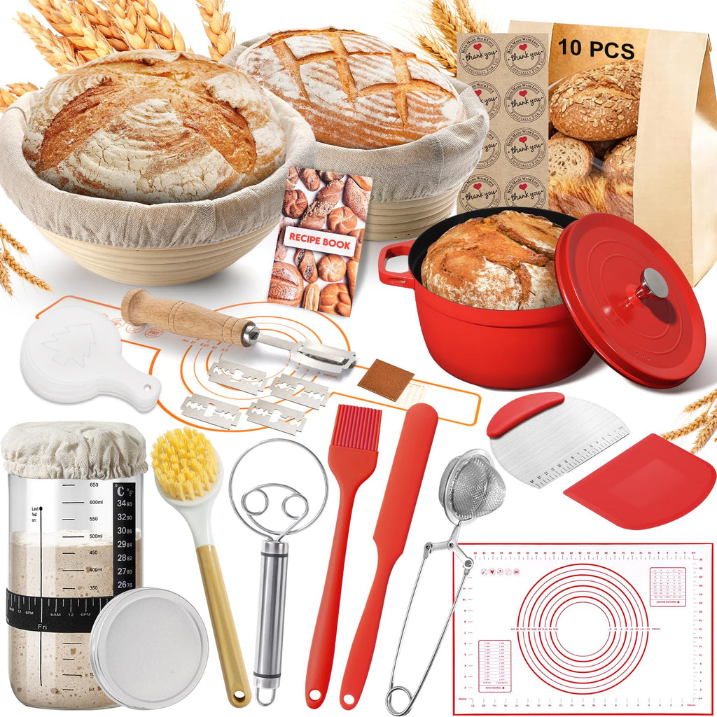 VIMERPA Sourdough Starter Kit with Pot, Sourdough Bread Baking Supplies, Bread Making Kit for Beginners, Banneton Bread Proofing Baskets for Home and Kitchen, Making Tools Kit