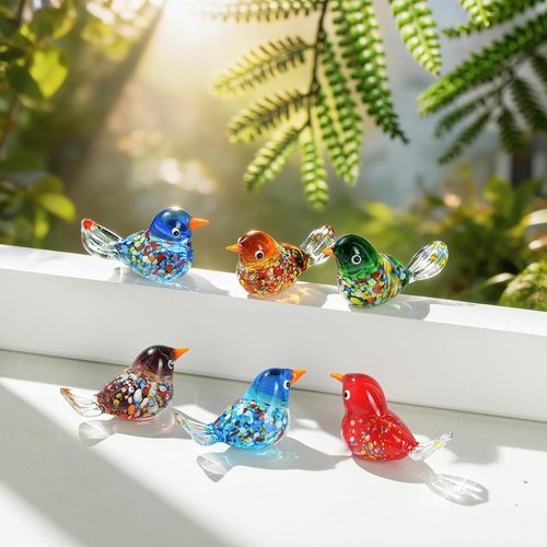 HDCRYSTALGIFTS Hand Blown Glass Bird Figurines - 6pcs Miniature Animal Statues for Home Decor | Unique Gifts for Mom
