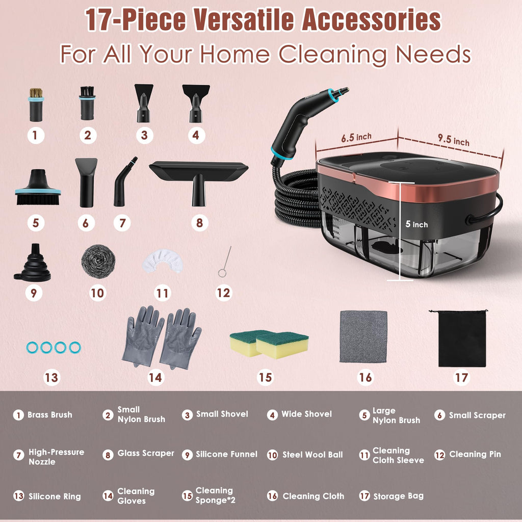 Steam Cleaner, 4 Bar High Pressure Steamer with 6-Level Adjustable, 15s Heat-Up, 42.7oz Large Tank, 7ft Extended Hose, 18 pcs Accessories, Portable Steam Cleaner for Home, Car, Tile, Grout, Grease
