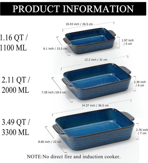 Kiln-Transformed Blue Ceramic Baking Dish Set - 3 Square Casserole Dishes with Handles for Oven Use