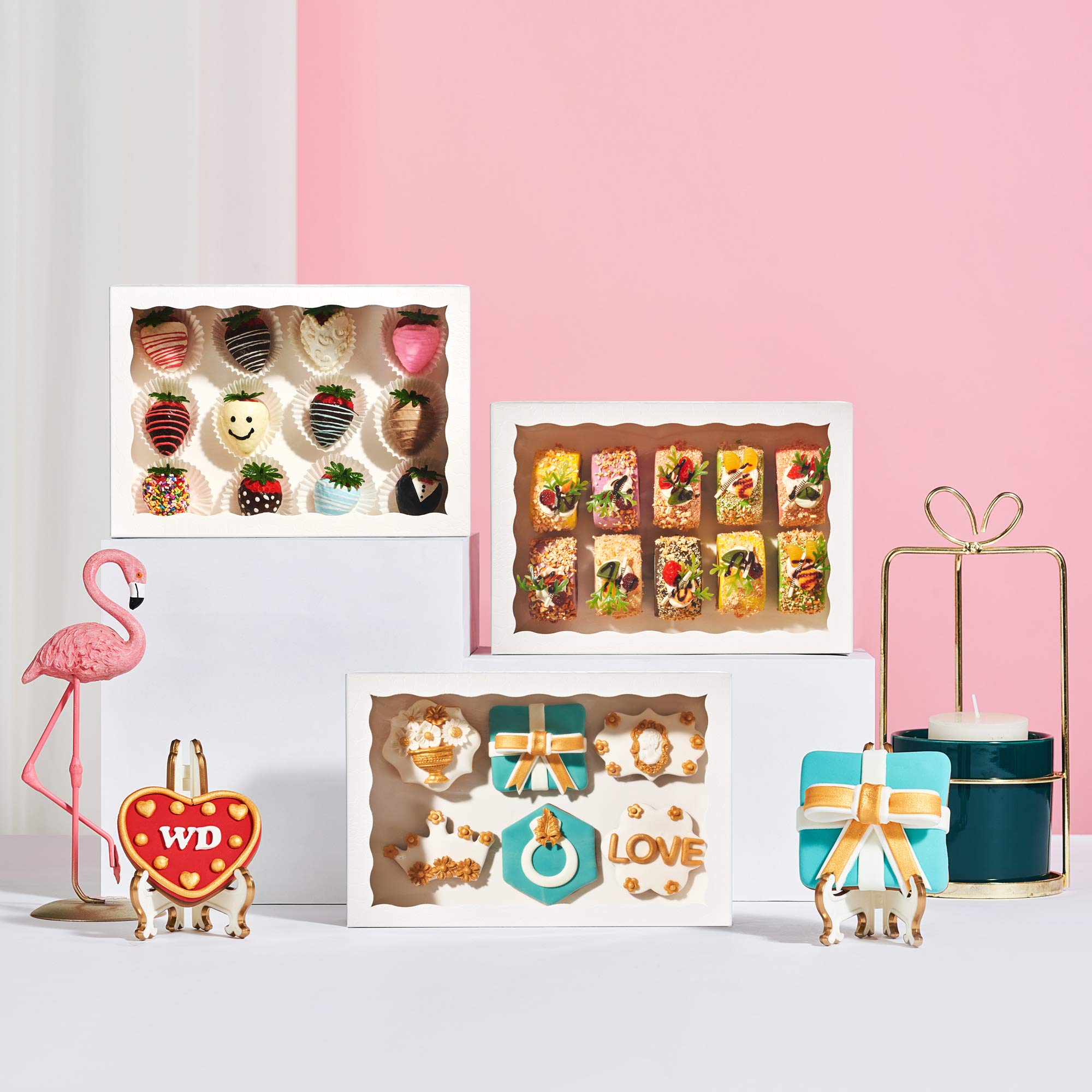 SLShePack 24PCS 10x7x2.5 inches Cookies Bakery Boxes with Window - Cakesicle, Chocolate Bomb, Macaron, Chocolate Covered Strawberries, Pretzel Rods Boxes