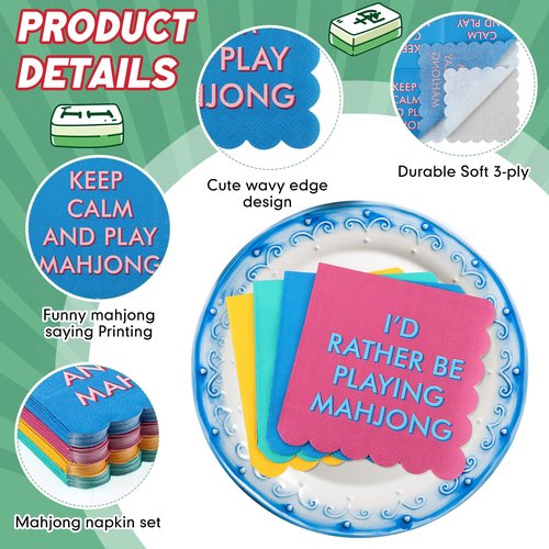 Tinlade 50pcs Mahjong Napkins 4 Colors with Funny Sayings 3-ply 10" x 10" Cocktail Napkins for Mahjong Game Nights Gatherings Themed Party Supplies Gift for Game Lovers Friends Hostess