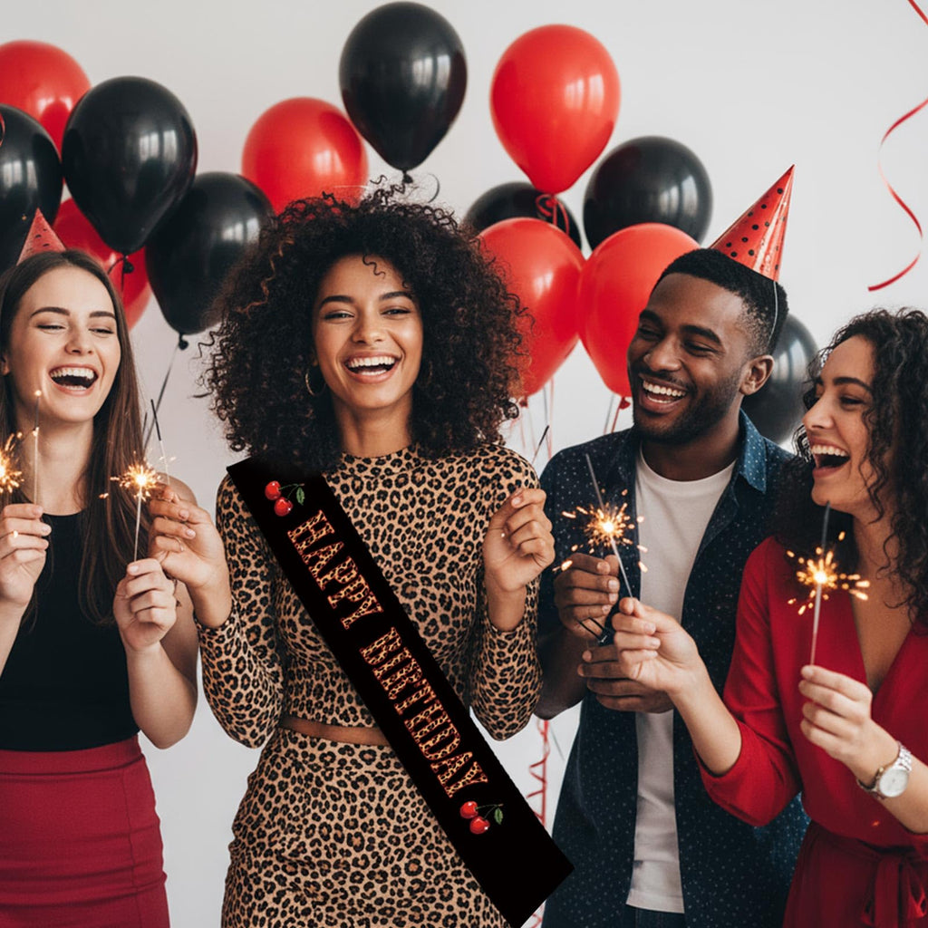OWWOPATS Cheetah Cherry Happy Birthday Sash, Leopard Satin Sash Birthday Decorations Red and Black Party Decorations for Women and Girls