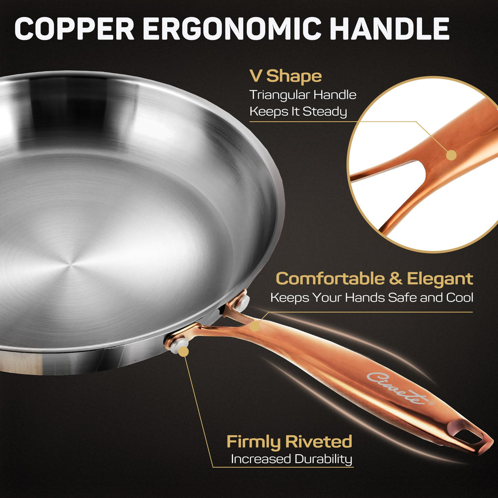 ciwete 12 Inch Tri-Ply Stainless Steel Frying Pan with Brass Cool Handle, Professional Quality Skillet Suitable for All Stove, Oven and Dishwasher Safe, PFOA PTFE PFOS Free, Fast and Even Heating