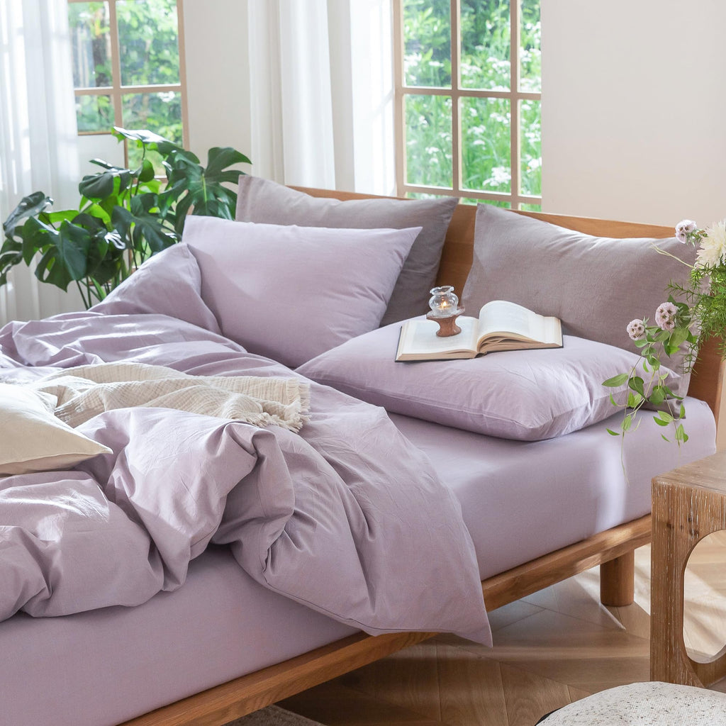 MooMee Bedding Pillowcases Pack of 2 100% Washed Cotton Linen Like Textured Breathable Durable Soft Comfy (Heathered Light Purple, Standard)