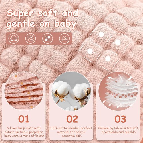 Looxii Muslin Burp Cloths - Ultra Soft & Absorbent 6-Layer 100% Cotton | 20" x 10" | Pink Gradient, Perfect for Newborns