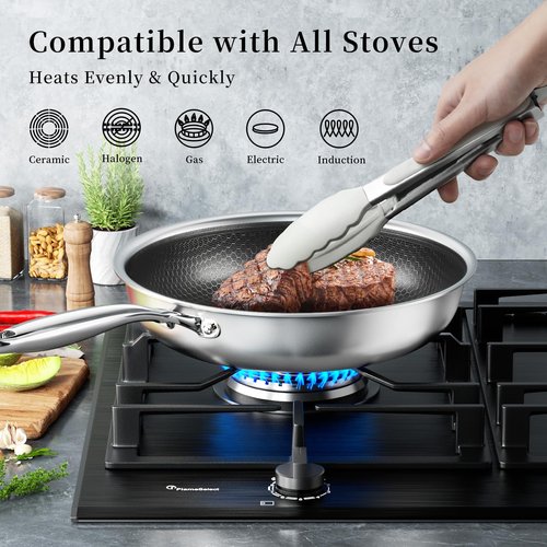 Innerwell Tri-Ply Stainless Steel Frying Pan Set with Lid,9.5Inch 11Inch Nonstick Honeycomb Stainless Steel Cooking Pan Set of 2 Skillet Works Pan for Cooking with Induction Gas Stovetops