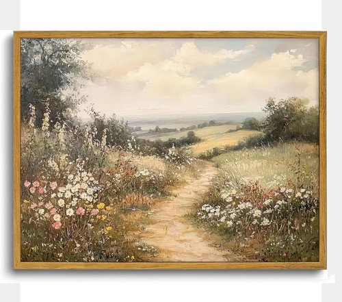 Framed Countryside Landscape Canvas Wall Art - Vintage Wildflower Meadow Print | 16x24 Inch Ready to Hang