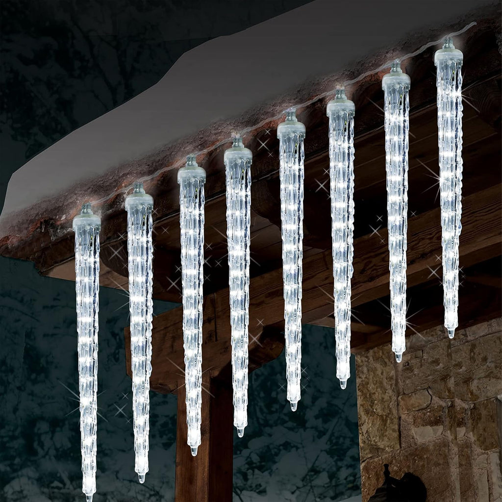WATERGLIDE Meteor Shower Lights - 12" Outdoor Icicle Christmas Lights | 8 Icicles with 192 SMD LEDs, Connectable Raindrop Design for Holiday Decor
