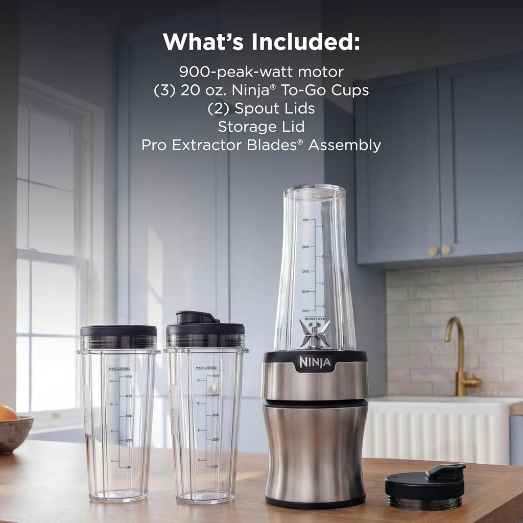 Ninja Nutri-Plus Personal Blender - Compact Push to Blend for Smoothies & Frozen Drinks | 900W | Silver | 3 To-Go Cups
